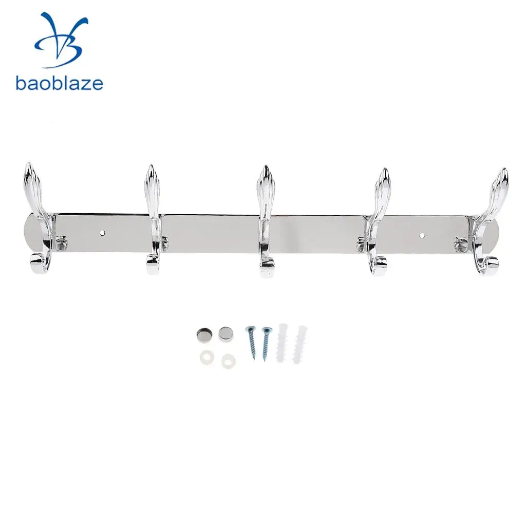 Baoblaze Wall Mounted Hook Door Hanger Coat/Hat/Clothes/Robe/Towel Hook Metal Hanger Rail Rack Holder with 5 Hook