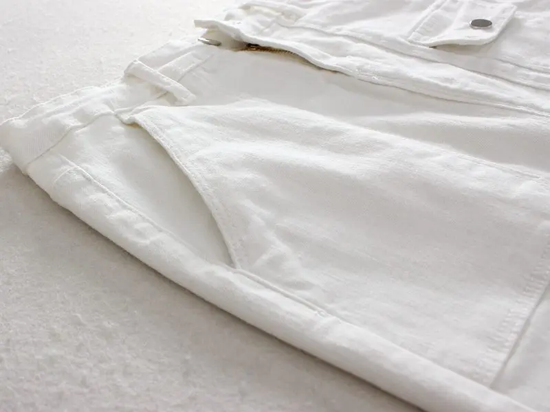Летние белые джинсовые юбки, женские прямые юбки с большими карманами спереди, хлопковые джинсовые юбки до колен с высокой талией 361