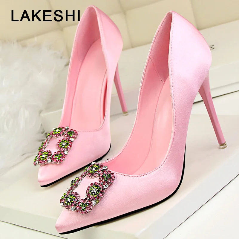 LAKESHI 2019 Rhinestone Silk Women Pumps Elegant High Heels Sexy Women Heel Shoes Pointed Toe Ladies Shoes Extreme Women Pumps