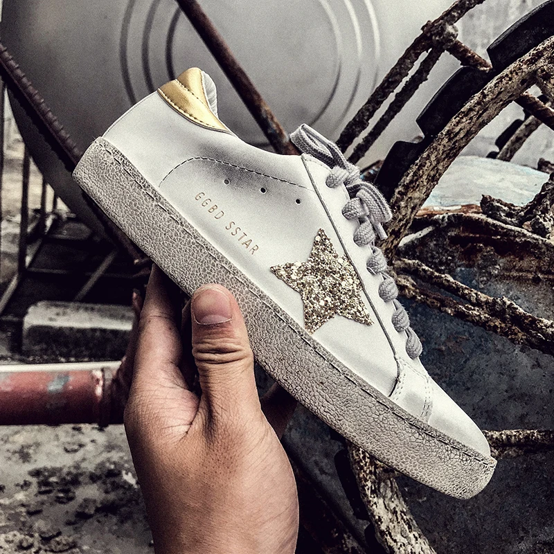 PINSEN Women Shoes Casual Leather Do Old Dirty Shoes Woman Flat Sequins Star Golden Glitter Goose Trainers Women Sneakers Female PINSEN Women Shoes Casual Leather Do Old Dirty Shoes Woman Flat Sequins Star Golden Glitter Goose Trainers Women Sneakers Female