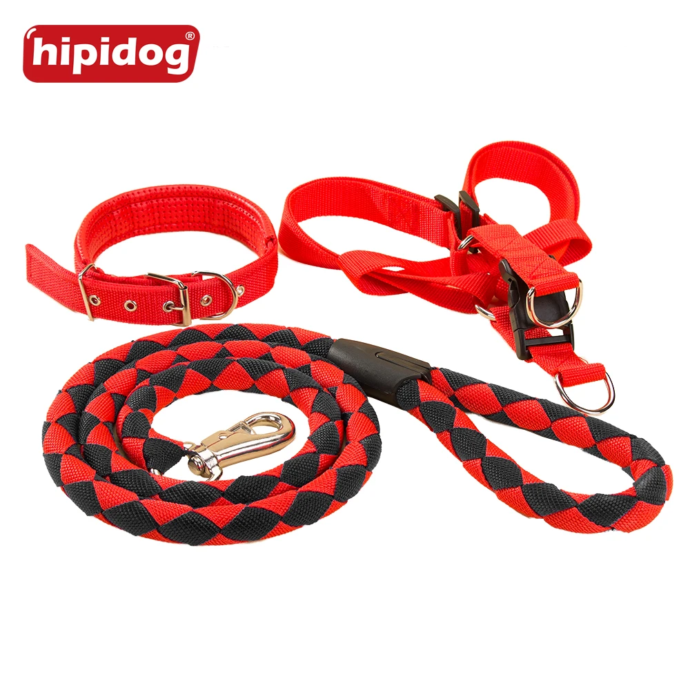 

Hipidog Dog Adjustable Heavy Duty Nylon Woven Collar Harness Leash Set for Training Walking Running for Large Medium Dogs Pets
