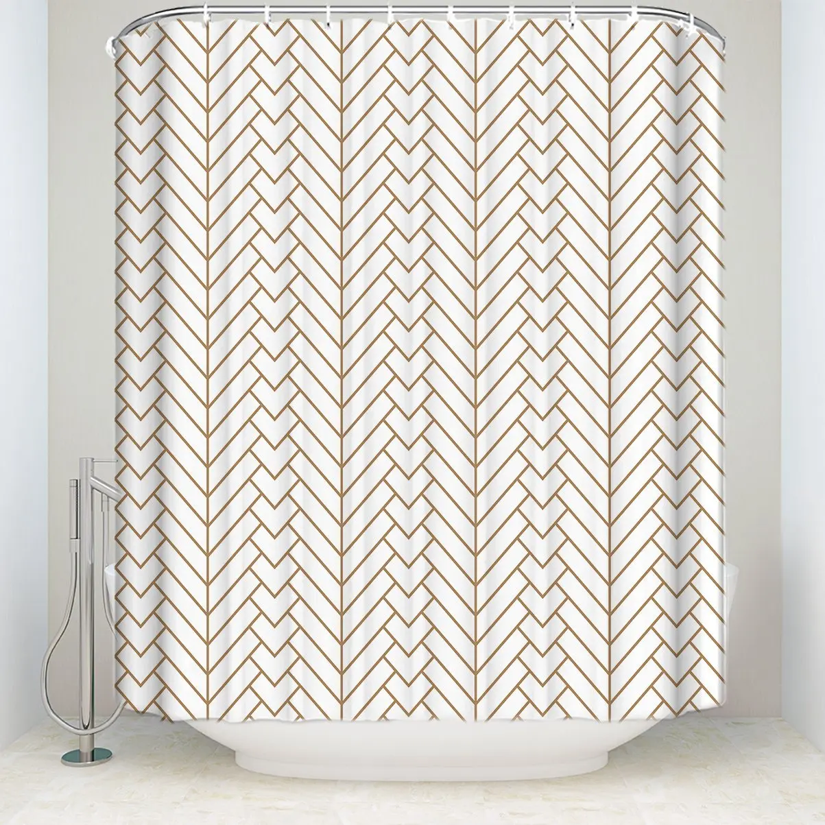 Shower Curtain Natural Herringbone Pattern White Gold Waterproof Fabric