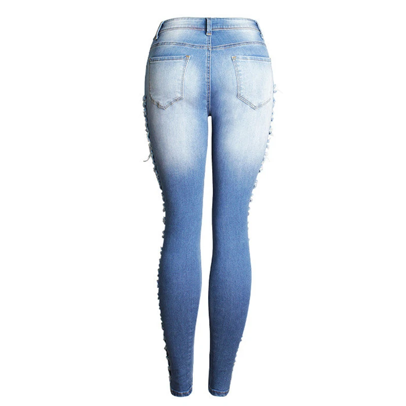 Модная уличная одежда, узкие брюки-карандаш, рваные джинсы с боковым отверстием для женщин, Джинсы средней высоты с завышенной талией, женские отбеленные небесно-голубые размера плюс
