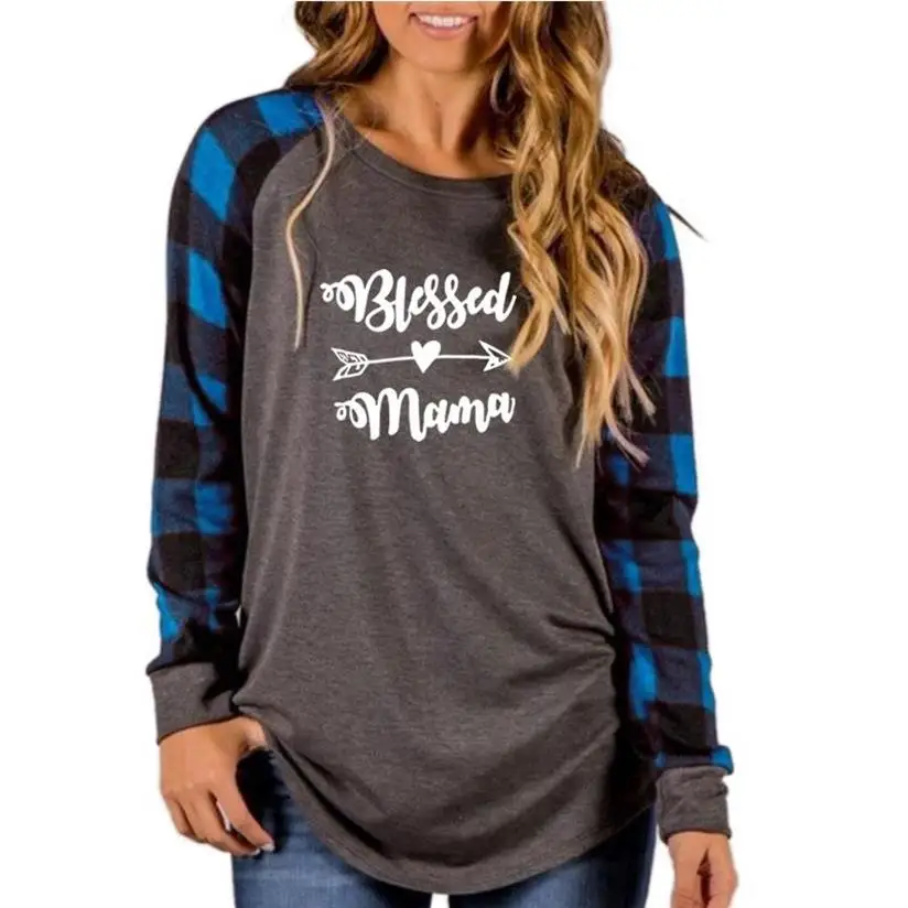Женская футболка с надписью Blessed Mama клетчатая длинными рукавами топы графическим