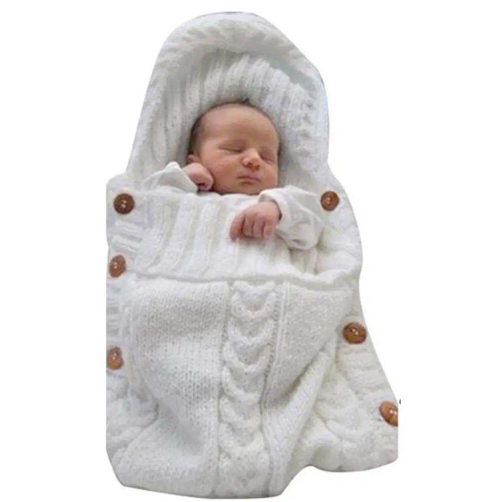 Шерстяной спальный мешок для новорожденных вязаный крючком с пуговицами, Пеленальное Одеяло с шапочкой, мягкие теплые аксессуары для детей от 0 до 1 лет - Цвет: Белый