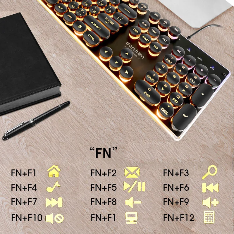Goede Gaming Russische Toetsenbord Retro Ronde Glowing Keycap Metalen Paneel Backlit USB Wired Metal Panel Verlichte Grens Waterdicht