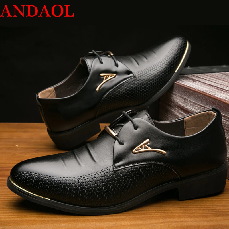 

ANDAOL Men's Leather Casual Shoes Top Quality Comfortable Pointed Toe Print Shoes Luxury Non-slip Lace-Up Office Business Shoes