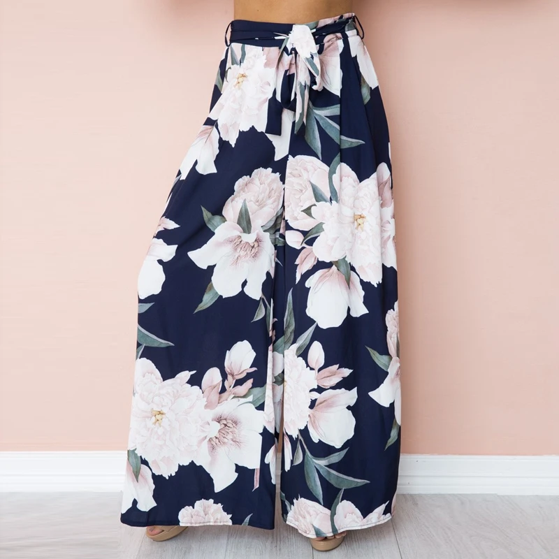 High waist floral print women wide leg pants 2018 summer elegant boho ...