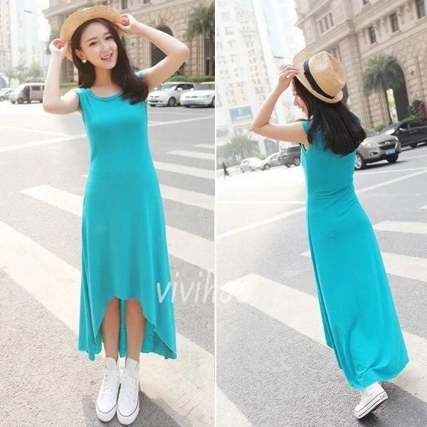 

Fashion Freeshipping Brief Style Women Thin Elegant Mid-Calf Asymmetrical O-Neck Solid Color Summer Casual Dress 5 Colors