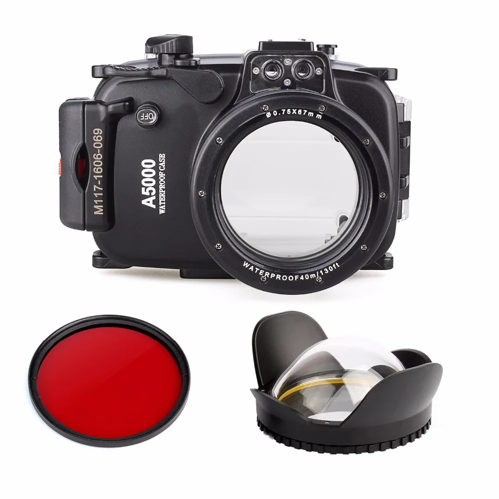 40 м/130ft для подводного погружения и дайвинга Камера Корпус чехол для sony A5000 16-50 мм, Водонепроницаемый Сумки Чехол+ Fisheye Объектив dome port+ красный фильтр