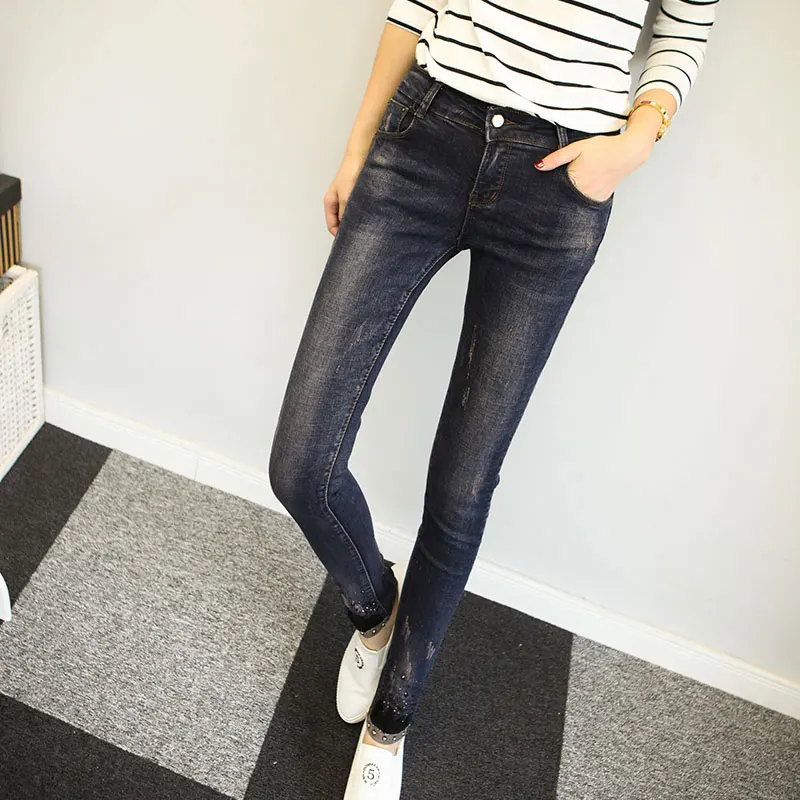 

2016 Skinny Jeans Women Deep Blue Casual Denim Pants Simple Style Mid Waist Tight Leg Jeans Jean Taille Haute Robin Jeans Women