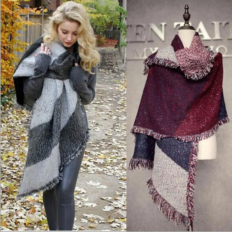 

Hot Selling Winter Scarf 2019 Fashion Warm Plaid Female Fringed Woolen Shawl Cashmere Thick Scarves Cape Wraps 3 Colors On Sale