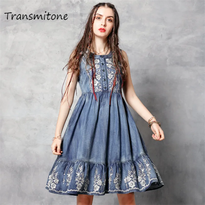 

Summer Denim Woman Tank Dress 2019 Vintage Women Dresses O-Neck Ruffle Hem Flower Embroidery Sundress Vestidos Female 82158