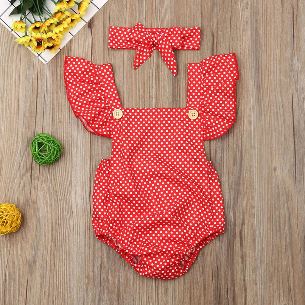 Kids Baby Girls Clothes Fly Sleeve Floral Dot Print Backless Romper+Headband Newborn Baby Clothes Fashion Modis Baby clothes