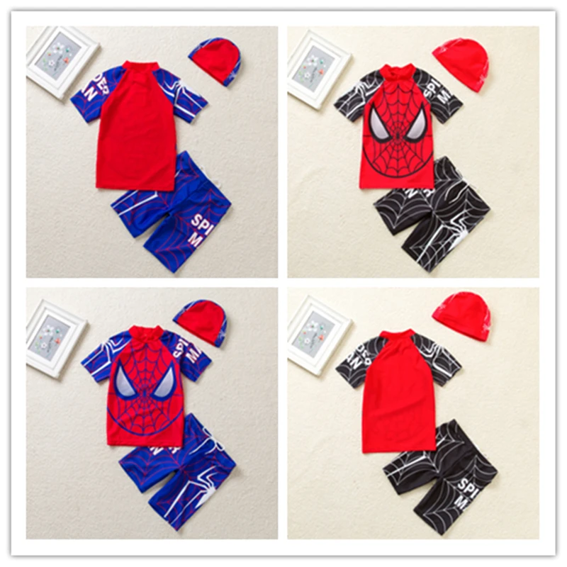 

POPFavor 3Pieceswim caps for Boys Tight Dino Cartoon SpiderMan Kids Swim Suit Children Beach Wear Three-pcs suit Swimwear