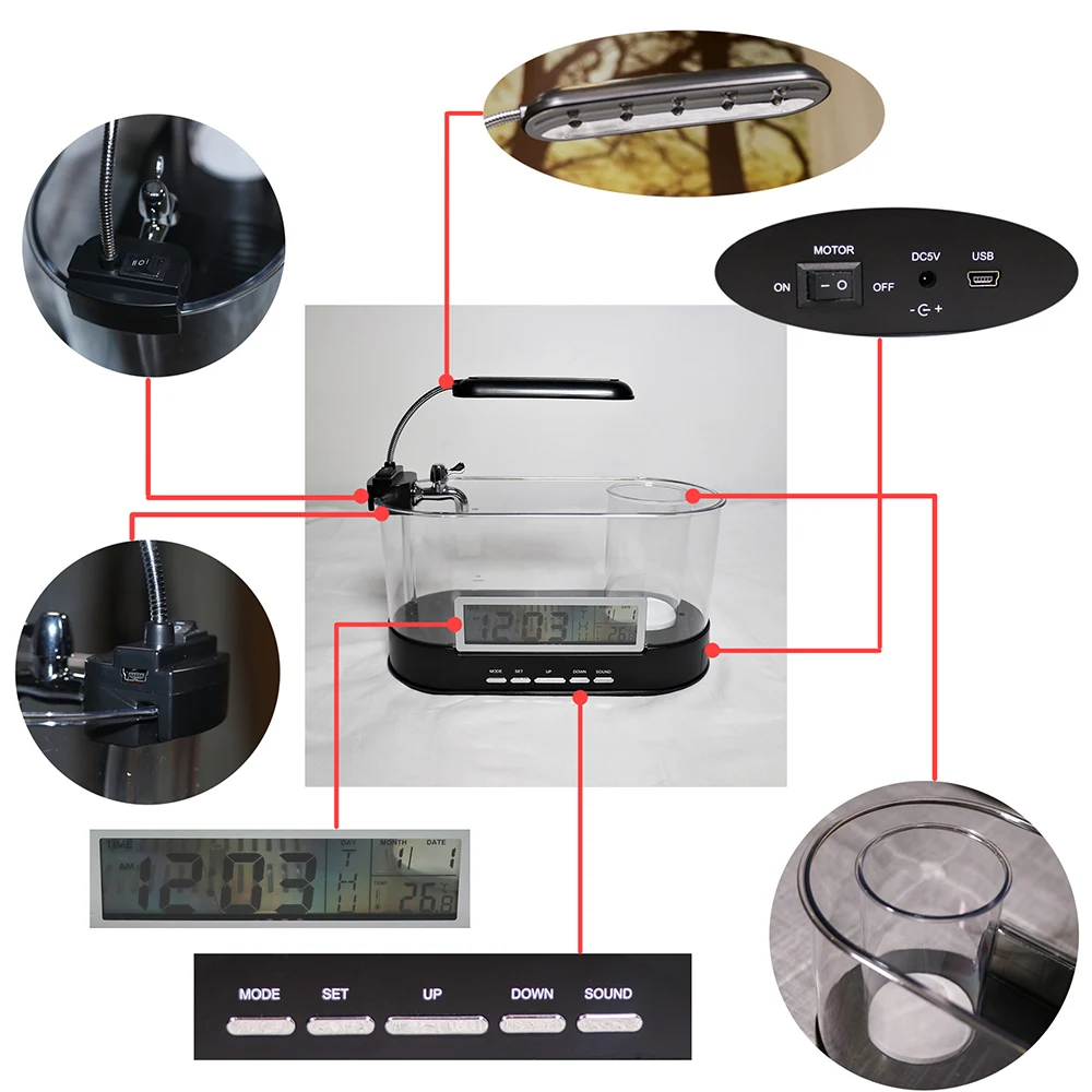 Черный/белый светодиодный светильник мини аквариум 5 В зарядка через usb 1,5 л Емкость ЖК-часы цифровой дисплей время/дата/температура D30