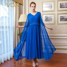 VOA Brand Silk Chiffon Women Bohemian Long Dresses Party Elegant Robe Longue V-Neck Sleeveless Pleated 2017 New Summer A5703