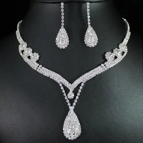 

Bridal Wedding Party Rhinestone Water Drop Pendant Necklace Drop Earrings Set hot