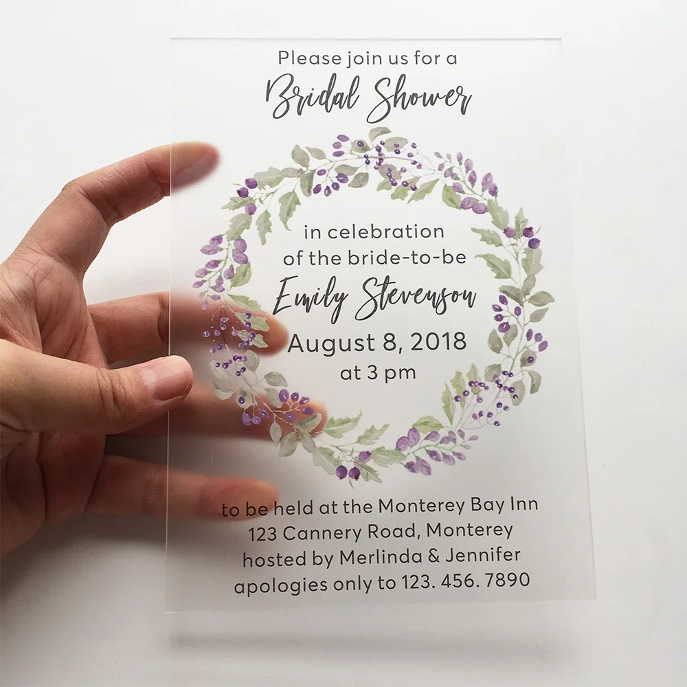  100pieces Per Lot Unique Floral Watercolor 5x7inch Frosted Acrylic Wedding Bridal Shower Invitation - 32867551696