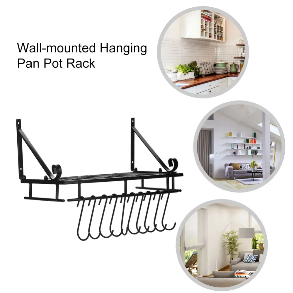 Черная металлическая Подвесная подставка для кастрюль, настенный держатель с 10 крючками, кухонные крючки для органайзера, подставка для хранения