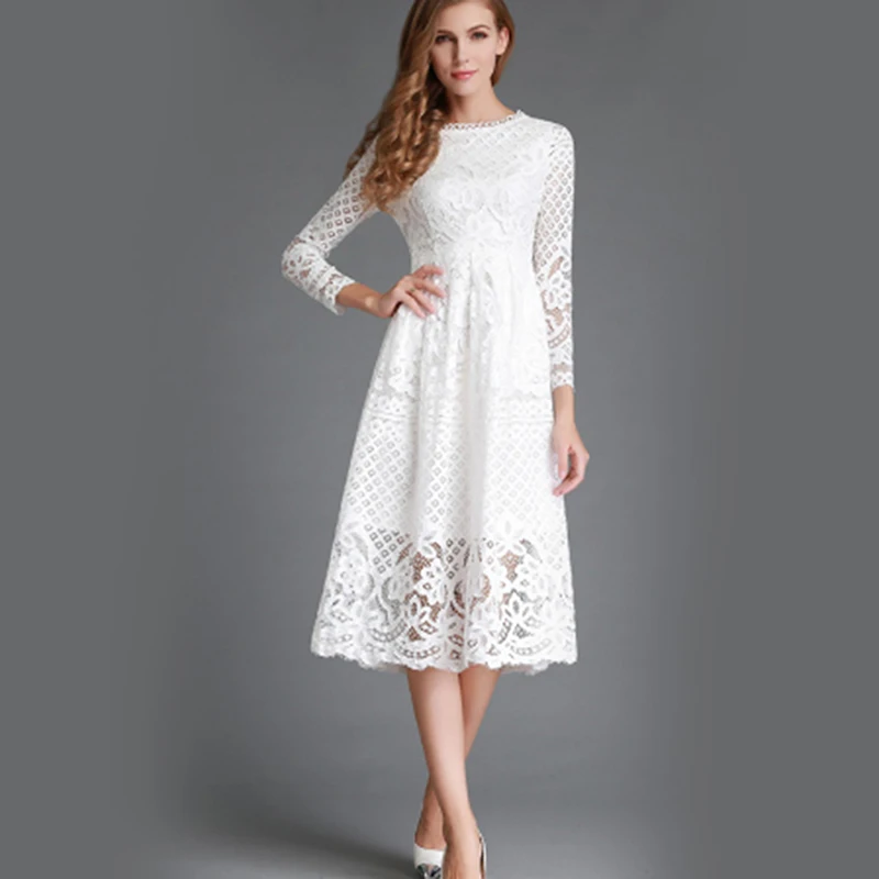 Высококачественное Элегантное открытое кружевное платье для женщин с длинным рукавом, Осеннее стильное белое кружевное платье до середины икры, весеннее праздничное платье vestidos