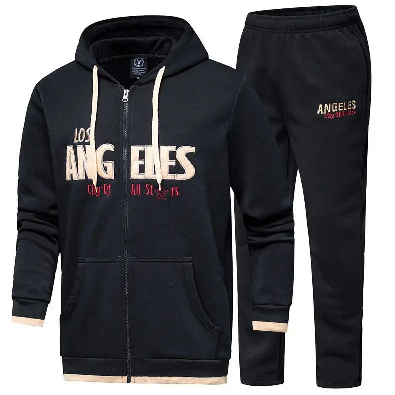 2019 Tracksuit Sets Men Casual Hooded Couple Fleece Cotton Male Sweatshirts Man Sportswear Suits Youth Zipper Cardigan+Pant 2PCS 2