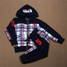 autumn plaid boys clothing sets 2016 new thin coats patchwork Zipper hoodies +pants 2 pcs sport suits long sleeve kids clothes