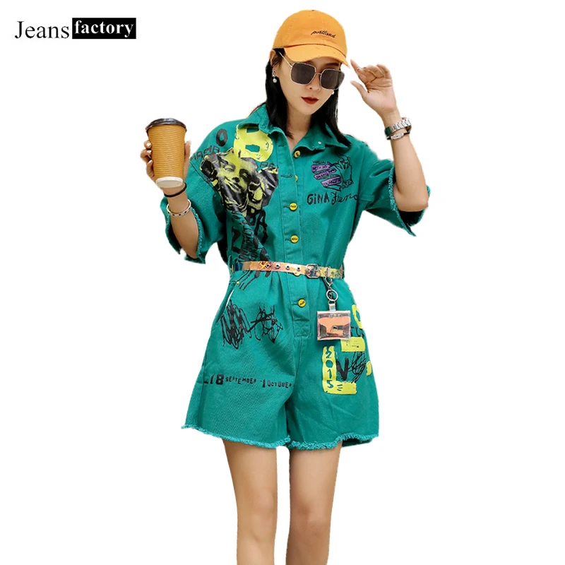 

Summer New Denim Playsuit Women Funny Cartoon Printing Short Jeans Short Sleeve Overalls Women Casual Fashion Jumpsuit Shorts