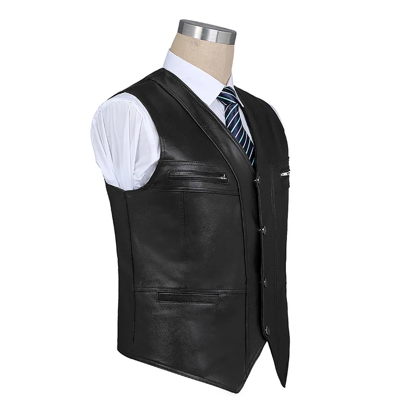 

HOCO 2019male sheep skin leather waistcoat v-neck double bag leather vest