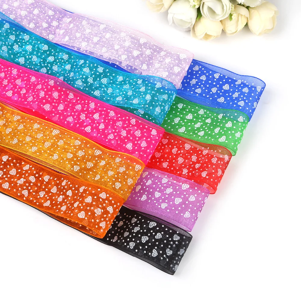 HOT! 5 yard/lot 28mm Width Heart Dot Printed Organza Lace Ribbon For