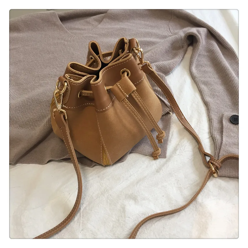 MJ Women Leather Handbags Vintage Suede PU Leather Crossbody Bag Drawstring Bucket Bag Female Small Messenger Bags Korean Style (11)