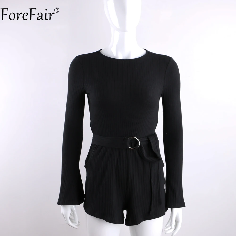 ForeFair, открытая спина, сексуальный комбинезон, черный, вязаный, в рубчик, с длинным рукавом, модные шорты, комбинезон, Повседневная Туника, женские комбинезоны
