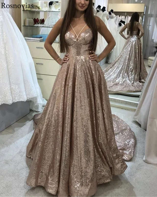 

2019 Sexy Sparkle Evening Dresses Long V Neck Backless Sweep Train Modern Prom Party Dresses Formal Gowns Vestido Customized