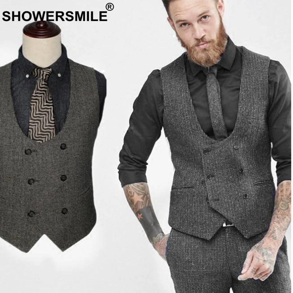 SHOWERSMLE Mens Double Breasted Waistcoat Autumn Winter Gray Woolen Suit Vest Male Vintage Slim Fit Business Clothing Gilet 2019 SHOWERSMLE Mens Double Breasted Waistcoat Autumn Winter Gray Woolen Suit Vest Male Vintage Slim Fit Business Clothing Gilet 2019