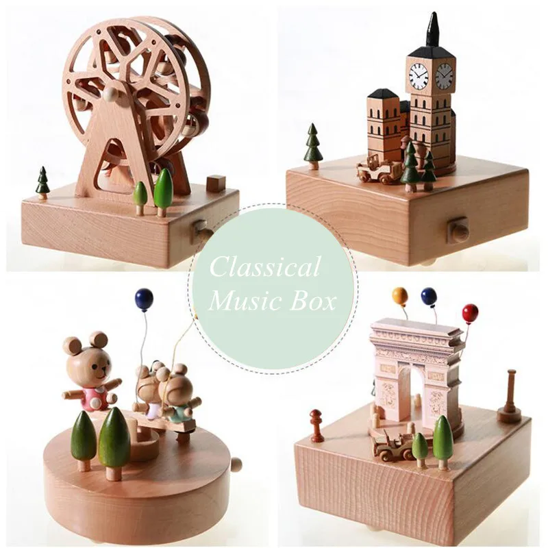 Wooden Artware Solid Wood Music Box Classical Rotating Spring Building