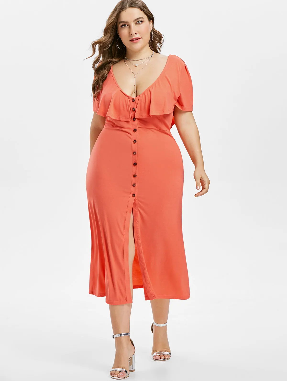 

Lortalen Elegant Casual Front Slit Short Sleeve Women Dresses Plus Size V-Neck Ruffle Criss Cross Button Dress High Waist Dress