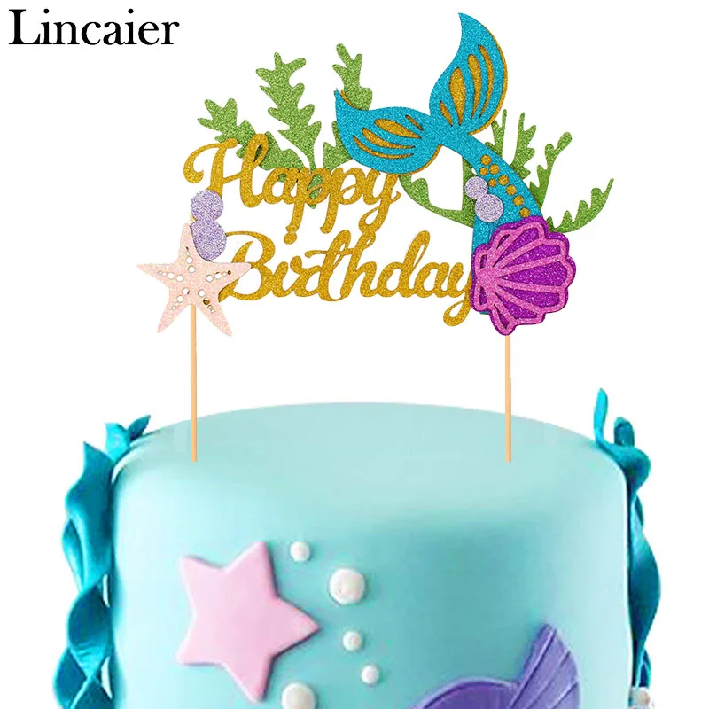 Us 1 64 10 Off Lincaier Happy Birthday Paper Cake Topper Mermaid Party Decorations Princess Baby Girl Children Kids Supplies Seashell Starfish In