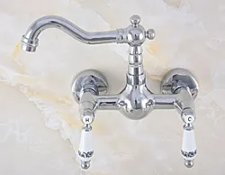 Polished Chrome Brass Wall Mount Kitchen Sink Faucet Swivel Spout Mixer Tap Dual Ceramics Handles Levers anf564