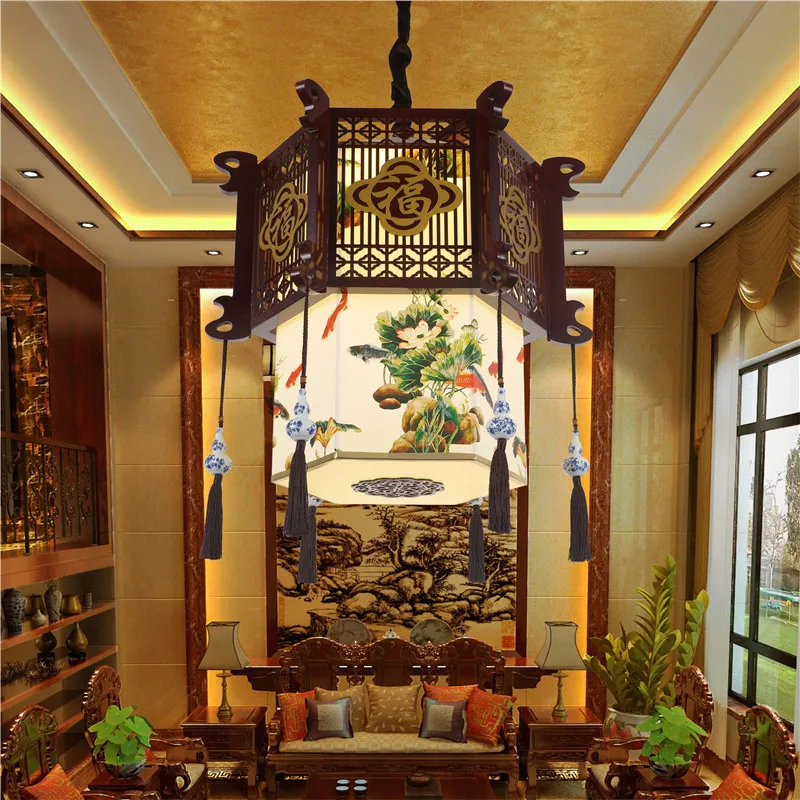 

Chinese solid wood pendant lamps living room restaurant led lamp restaurant corridor teahouse retro pendant lighting ZA825506