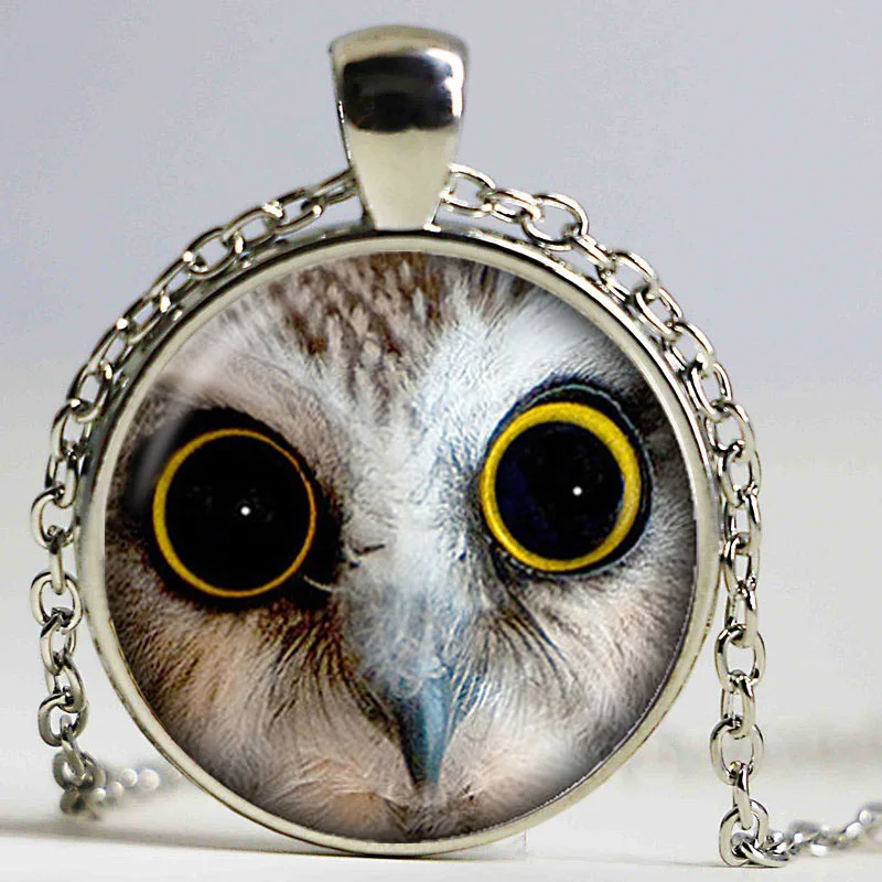 White Snow Owl Photo Cabochon Glass Dome Silver Chain Pendant Necklace
