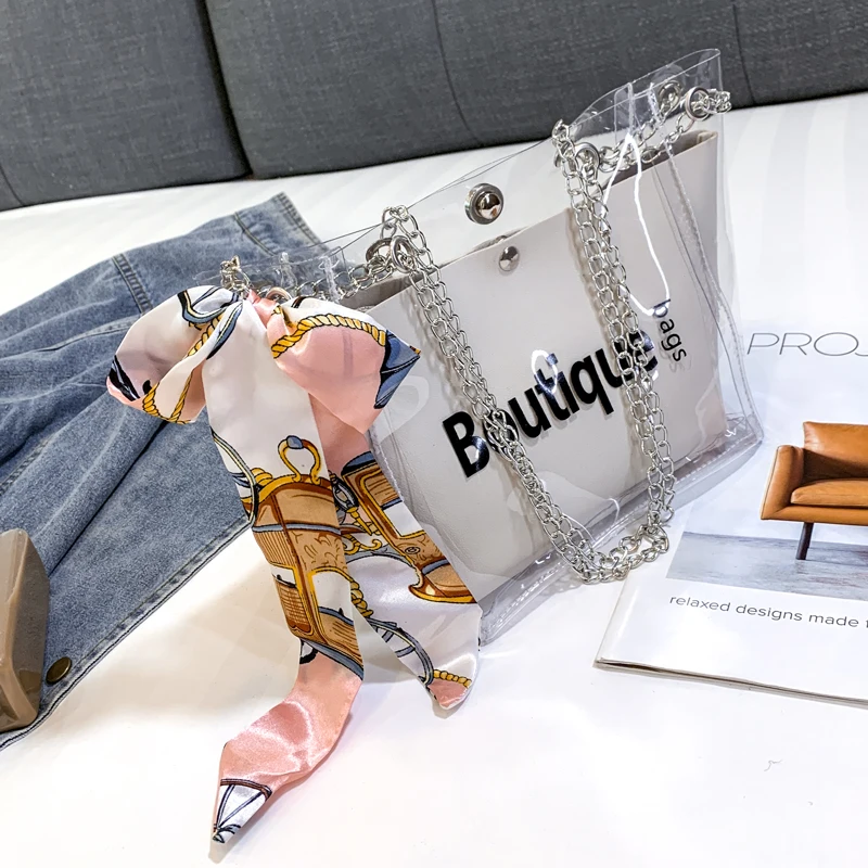 

2019 NEW brand small white leather modis handbag summer beach bag women clear channels shoulder strap transparent bag sac a main