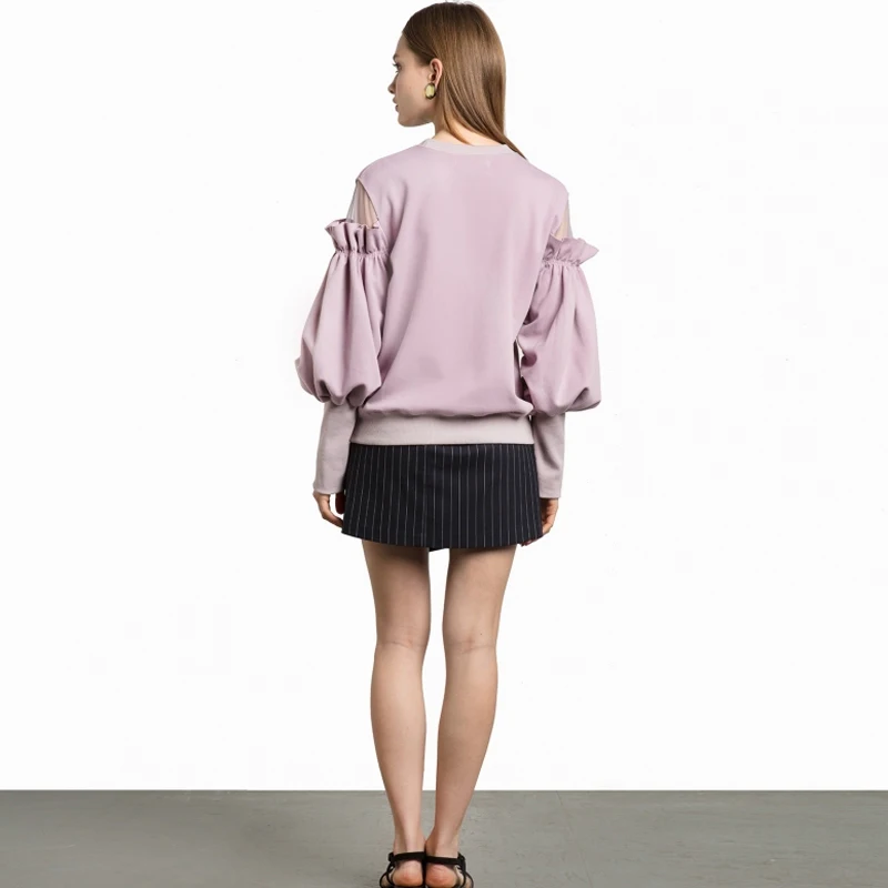 HYH HAOYIHUI Women Sweet Solid Color Sweater Frill Lantern Sleeve Round Neck Sleeve Cute Shoulder Net Contrast Sweater