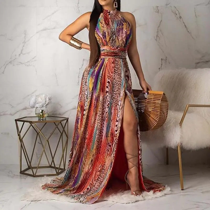 

Summer Sexy Club African Plus Size Green Party Women Long Dresses Aline Backless Lace Up Print Halter Female Fashion Maxi Dress