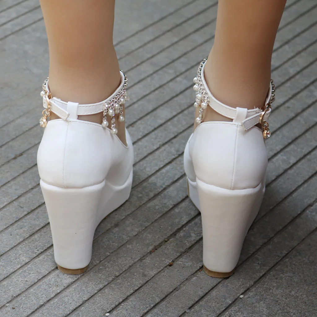 Женская обувь на танкетке; коллекция года; Свадебная обувь на платформе с ремешком, украшенным кристаллами; zapatillas mujer; повседневная обувь на платформе; большие размеры;# N3