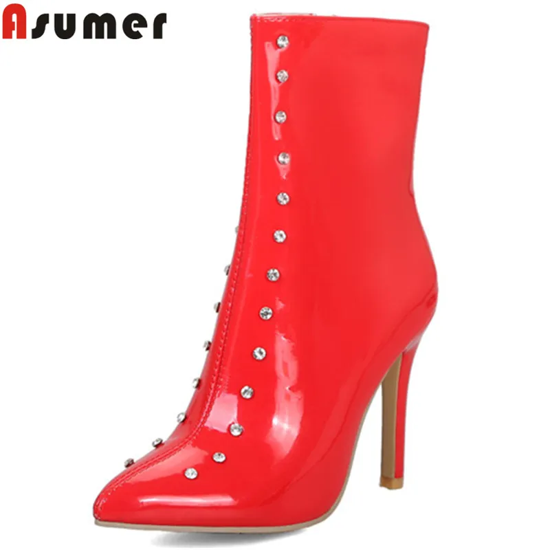

ASUMER 2020 fashion autumn winter boots pointed toe zip ankle boots thin high heels ladies prom boots rivet big size 34-43