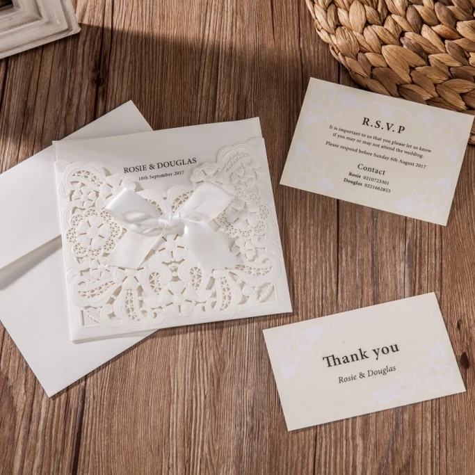 Cheap Wedding Invitation Card With Laser Cut Embossed Floral And Bow
