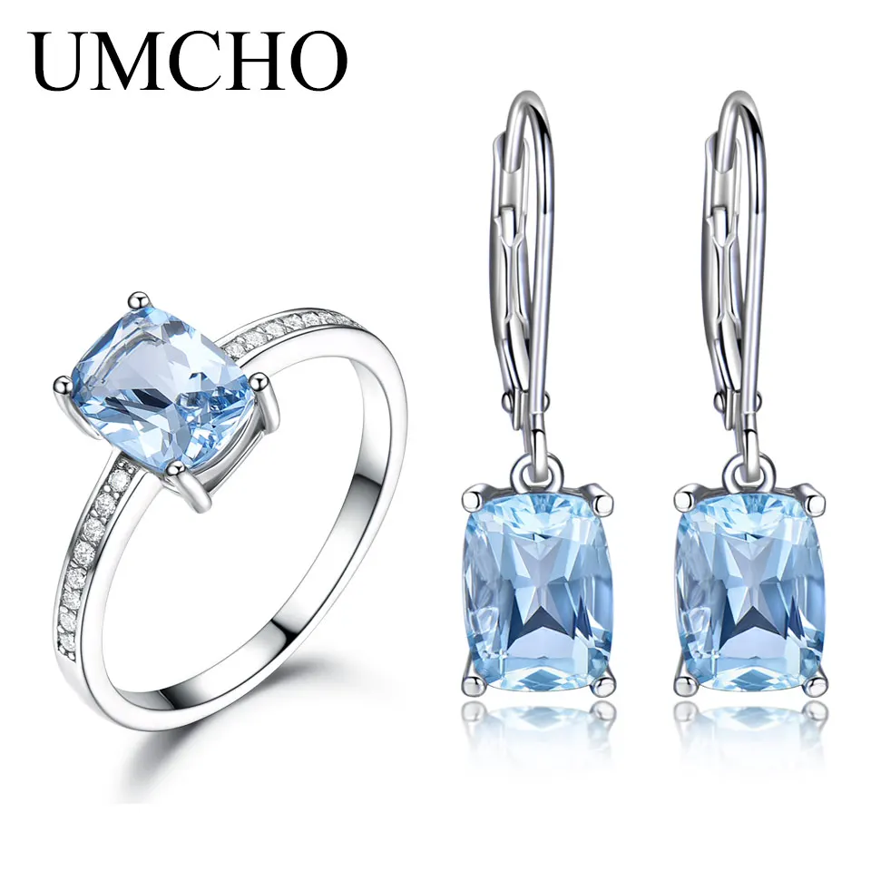UMCHO 925 Sterling Silver Jewelry Set Chirstmas Gift Nano Sky Blue Topaz Gemstone Ring Drop Earrings For Women Fine Jewelry New UMCHO 925 Sterling Silver Jewelry Set Chirstmas Gift Nano Sky Blue Topaz Gemstone Ring Drop Earrings For Women Fine Jewelry New