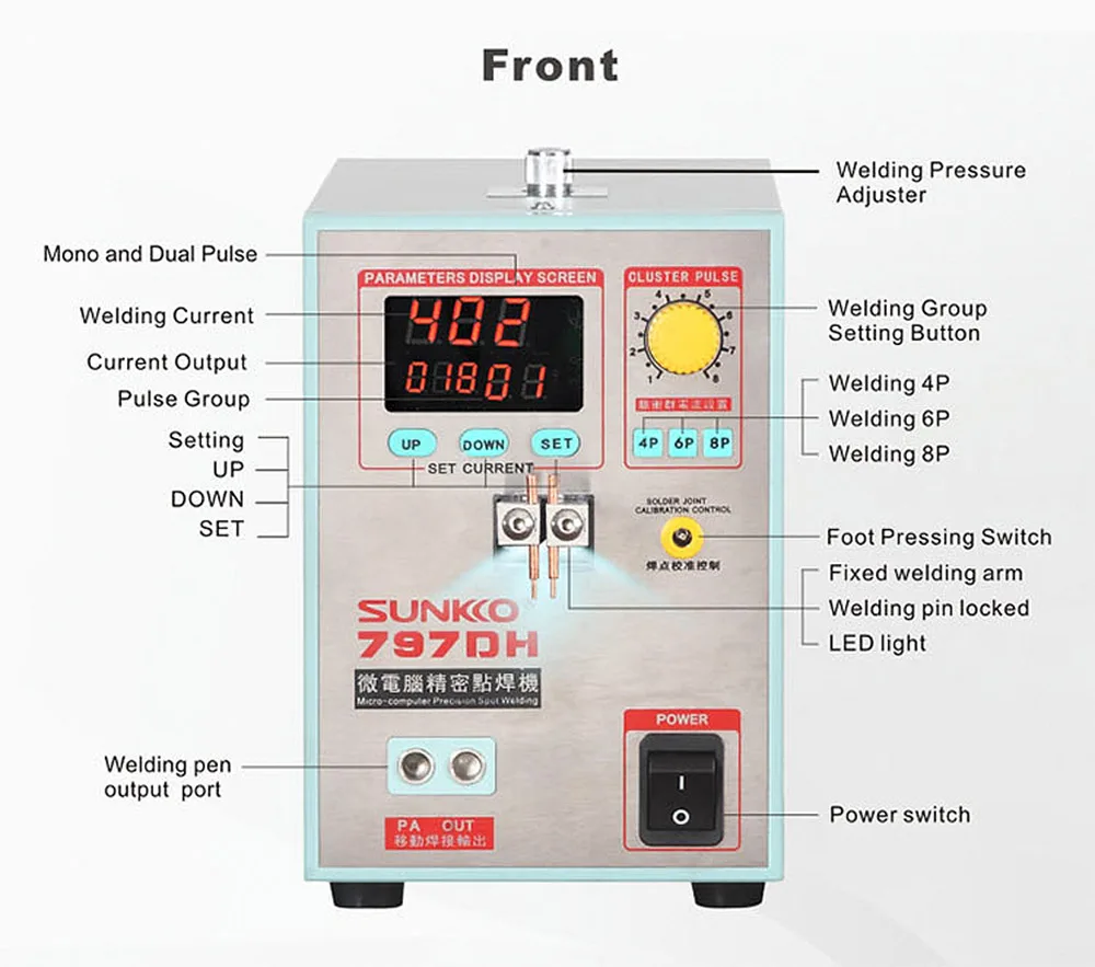 SUNKKO 797DH аккумуляторная машина для точечной сварки 3.8KW Высокая мощность сварки толщиной до 0,35 мм импульсный точечный сварочный агрегат с 70B сварочной ручкой