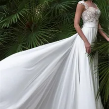 Изящные шифоновые Свадебные платья трапециевидной формы с вырезом лодочкой и кружевной аппликацией, рукава-крылышки, свадебное платье с лифом