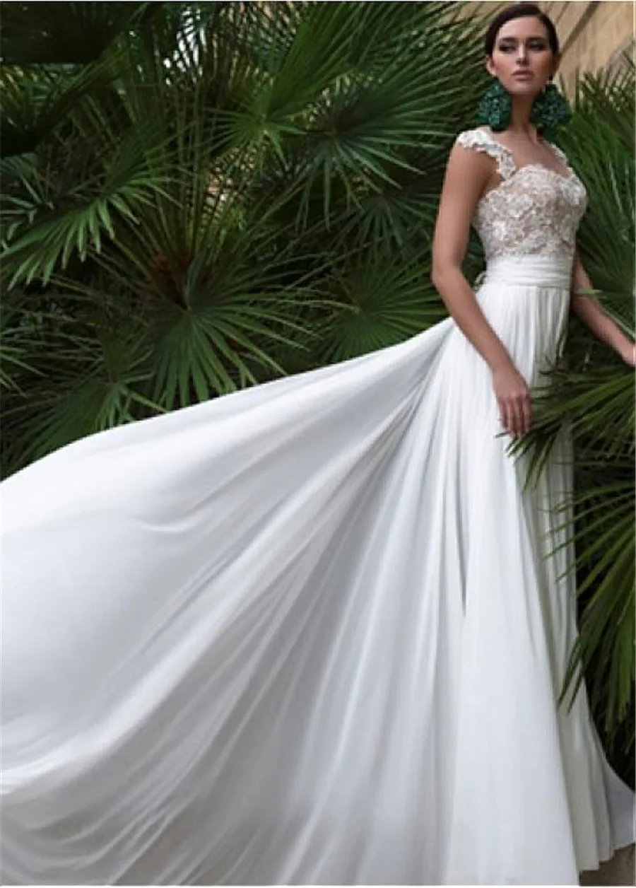 

Graceful Chiffon Bateau Neckline A-line Wedding Dresses with Lace Appliques Cap Sleeves Nude Bodice Bridal Dress